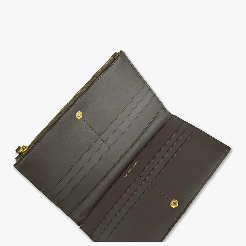 Tory Burch Quilted Zip Clutch in Olive Brown with Gold Logo